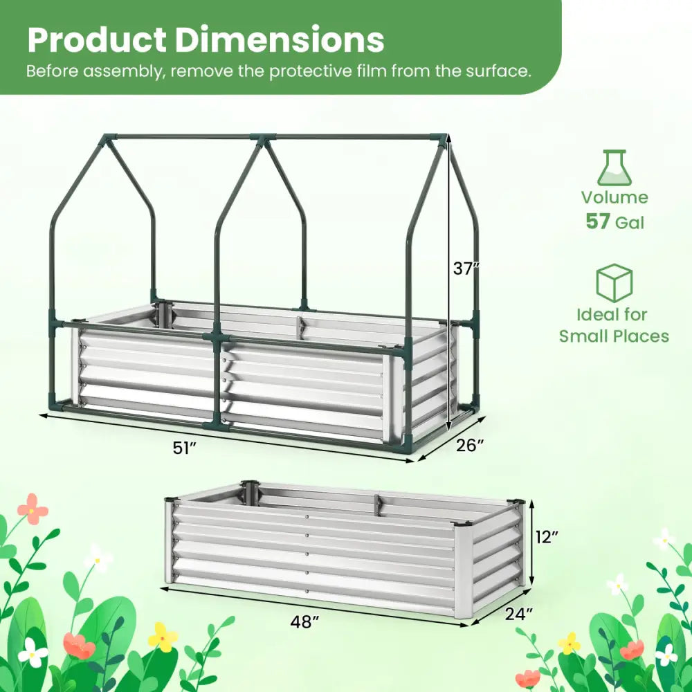 4 x 2 x 3 Feet Small Galvanized Raised Garden Bed with Greenhouse Cover-Silver - Silver - Raised Garden Beds