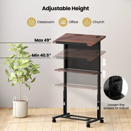 40.5-49 Inch Height Adjustable Rolling Podium Stand Lectern Table-Black Costway