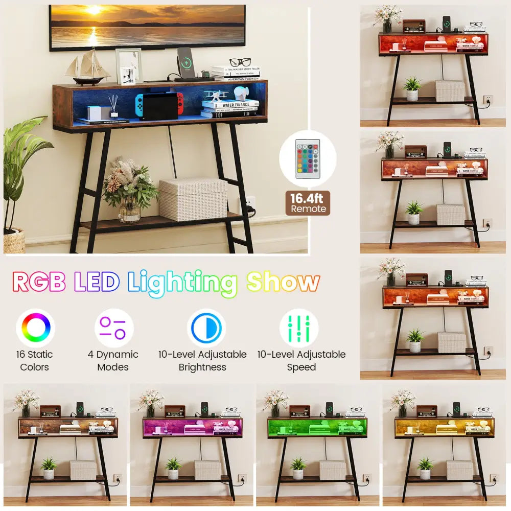 40’’ Console Table with Charging Station and LED Lights-Rustic Brown - Rustic Brown - Console Tables