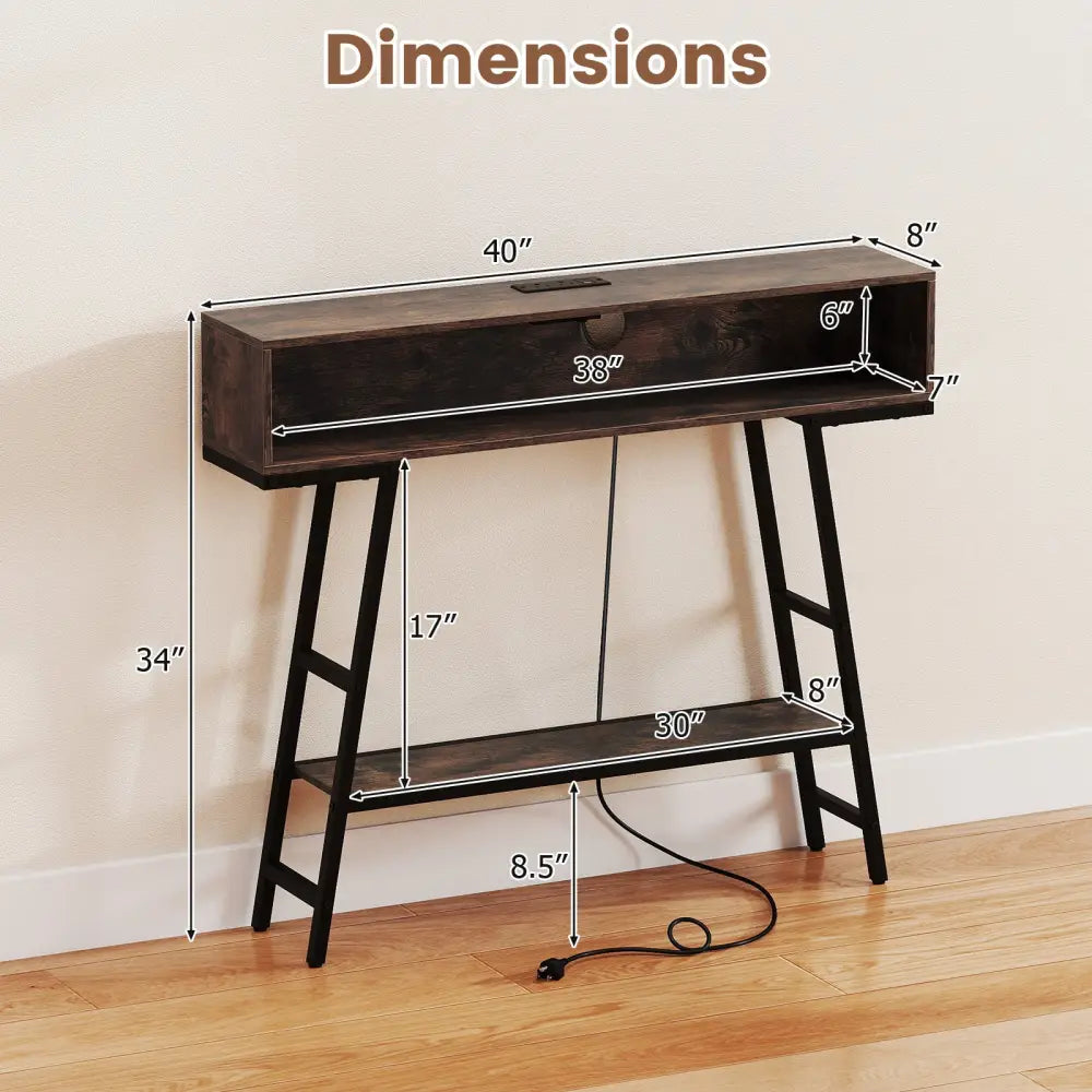 40’’ Console Table with Charging Station and LED Lights-Rustic Brown - Rustic Brown - Console Tables