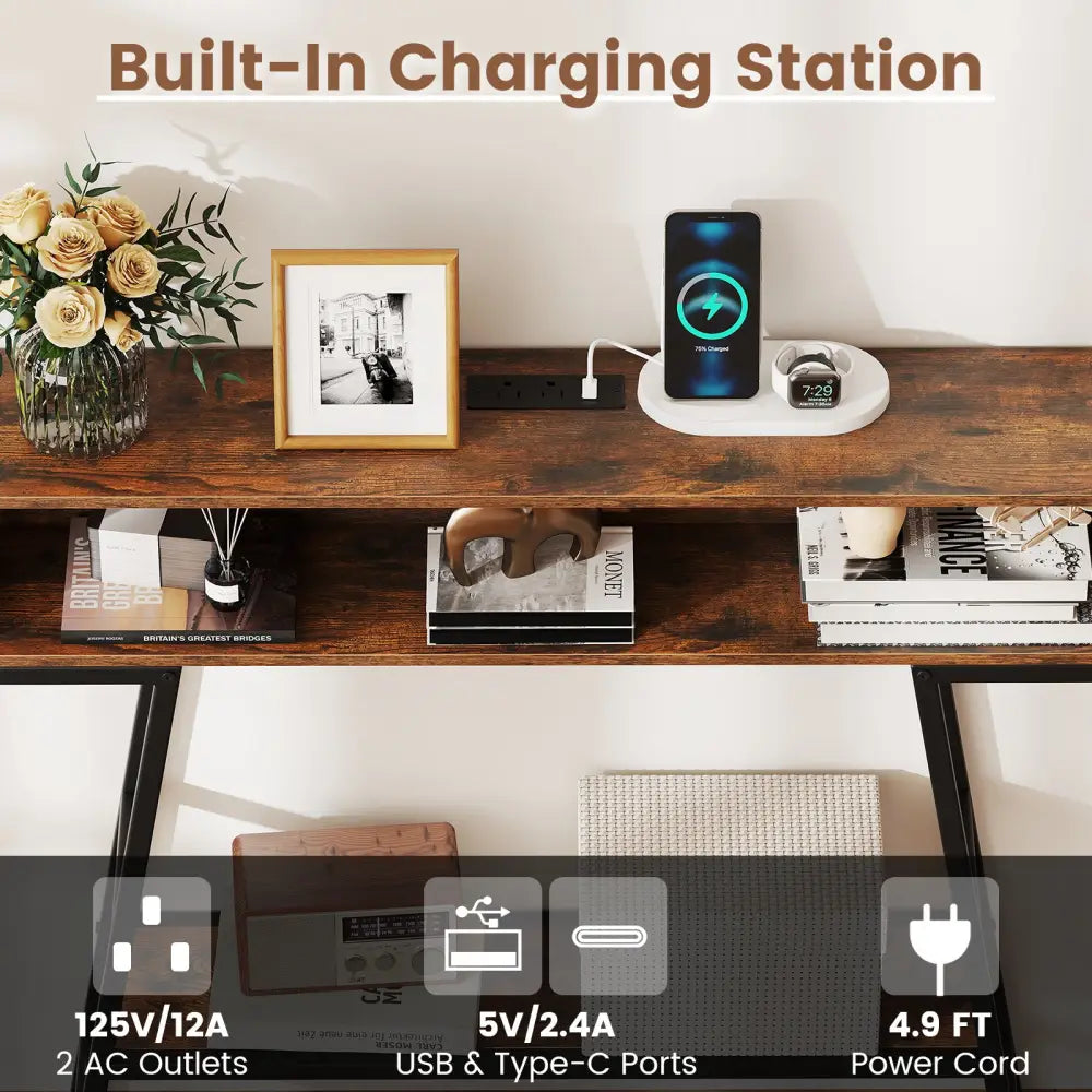 40’’ Console Table with Charging Station and LED Lights-Rustic Brown - Rustic Brown - Console Tables