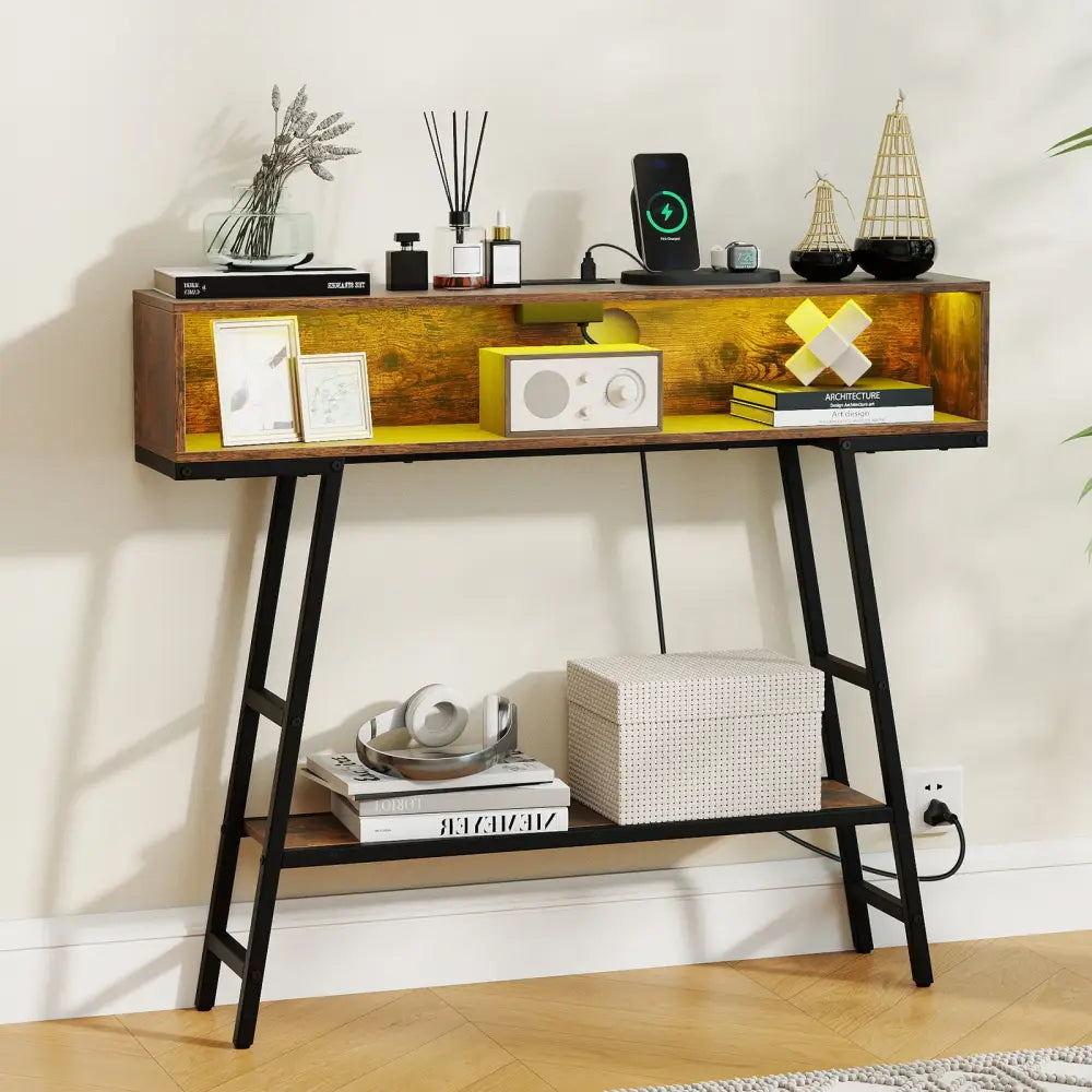 40’’ Console Table with Charging Station and LED Lights-Rustic Brown - Rustic Brown - Console Tables