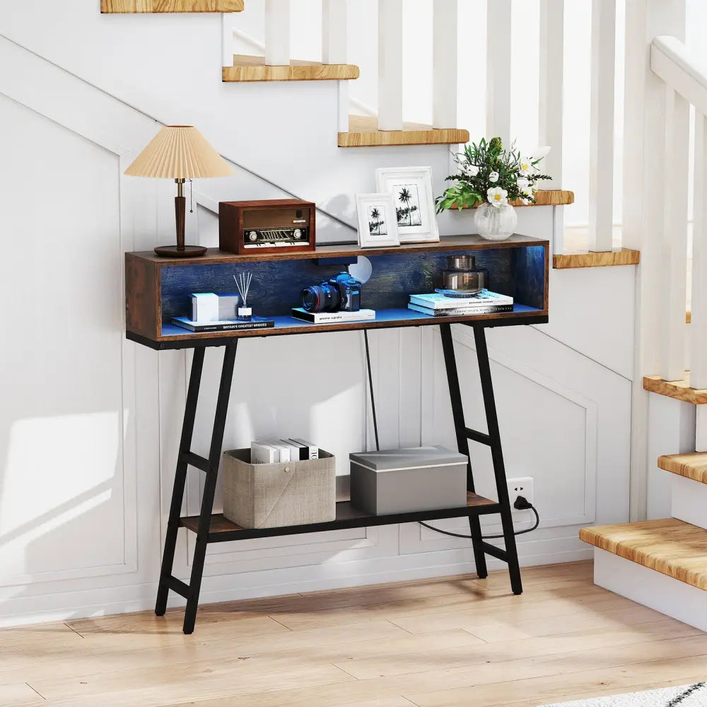 40’’ Console Table with Charging Station and LED Lights-Rustic Brown - Rustic Brown - Console Tables