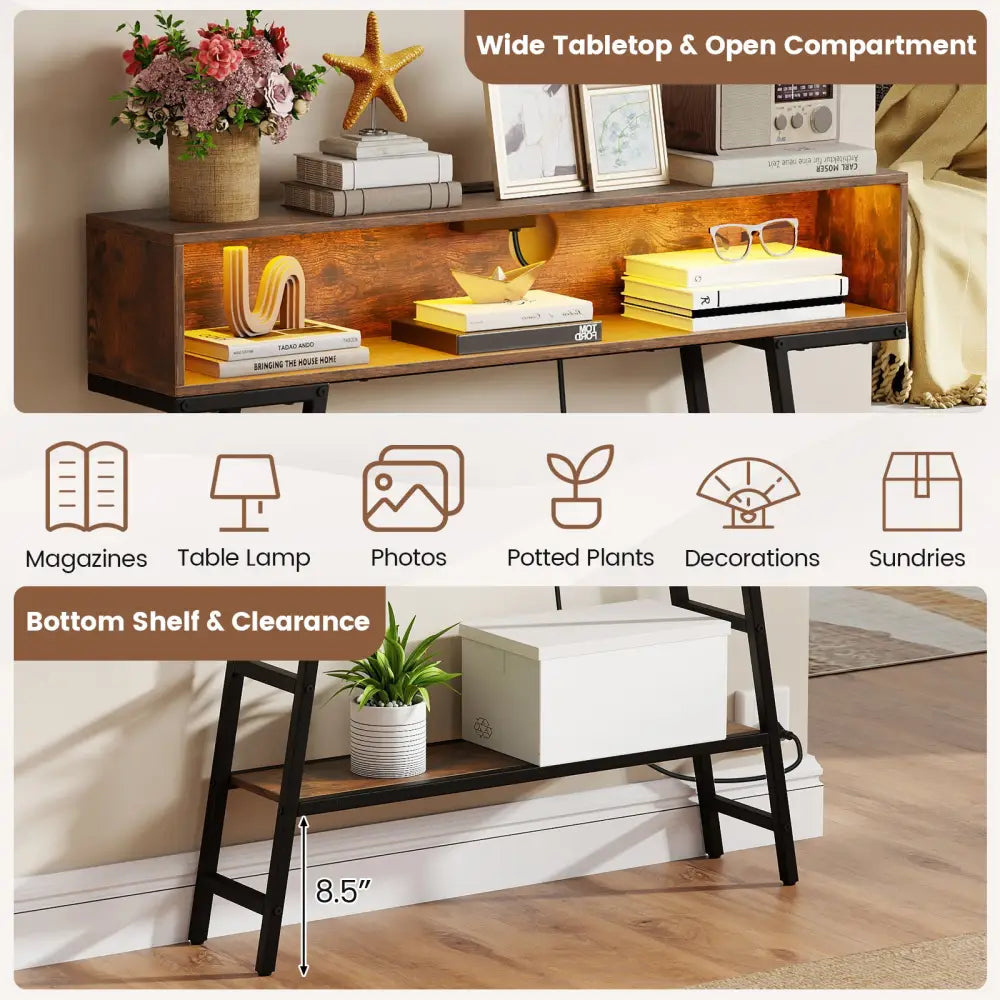 40’’ Console Table with Charging Station and LED Lights-Rustic Brown - Rustic Brown - Console Tables
