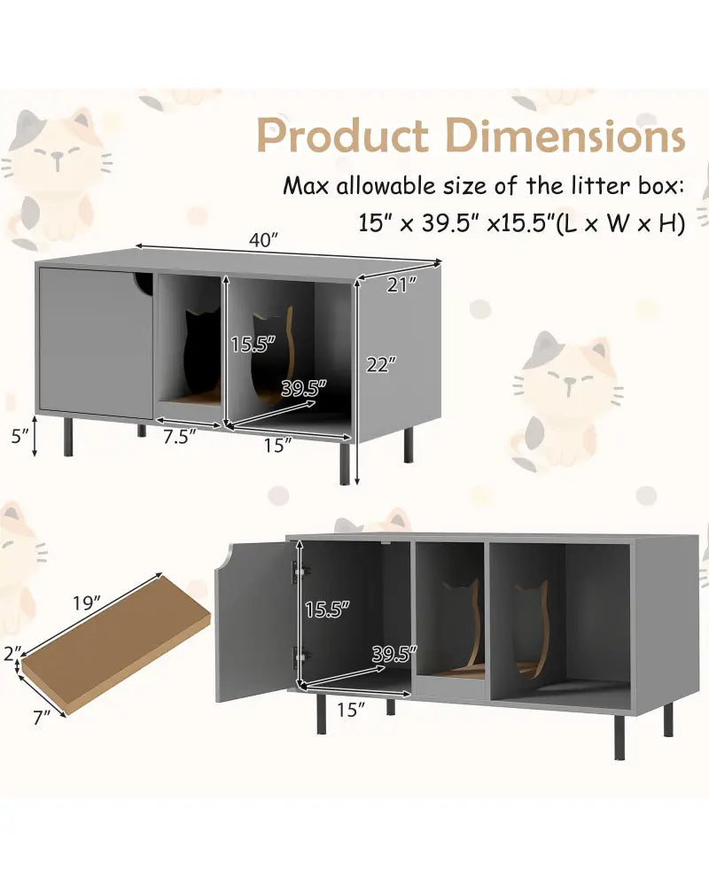 40 Inch Cat Litter Box Enclosure for 2 Cats Hidden Cat Washroom-Gray - Gray - Cat Houses