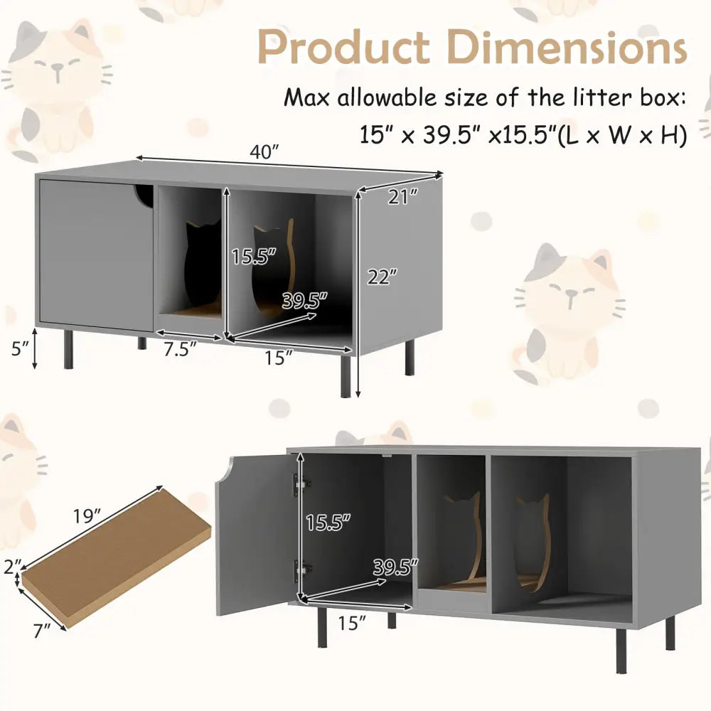 40 Inch Cat Litter Box Enclosure for 2 Cats Hidden Cat Washroom-Gray - Gray - Cat Houses