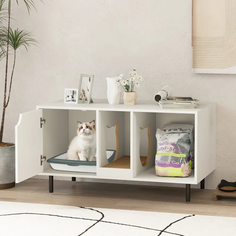 40 Inch Cat Litter Box Enclosure for 2 Cats Hidden Cat Washroom-White - White - Cat Houses