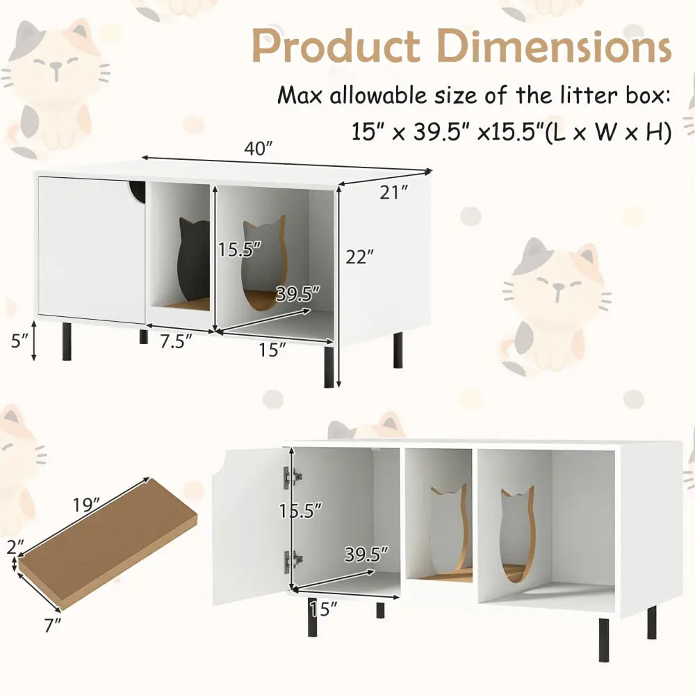 40 Inch Cat Litter Box Enclosure for 2 Cats Hidden Cat Washroom-White - White - Cat Houses