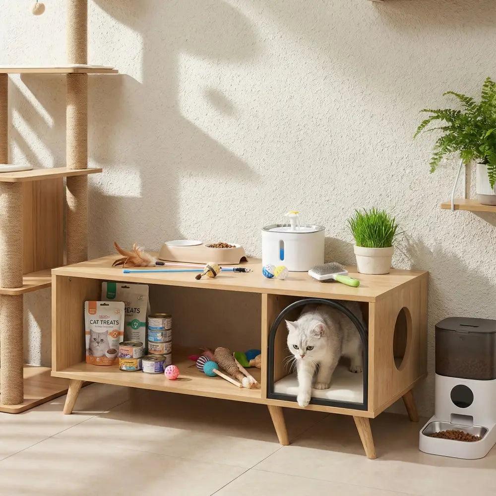 40 Inch Coffee Table Cat House 2-in-1 Wooden Kitten Furniture with Open Storage Shelf-Natural - Natural - Cat Houses