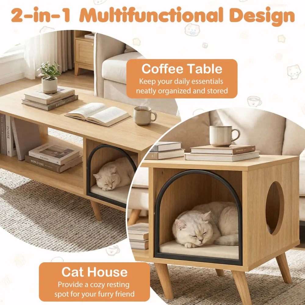 40 Inch Coffee Table Cat House 2-in-1 Wooden Kitten Furniture with Open Storage Shelf-Natural - Natural - Cat Houses