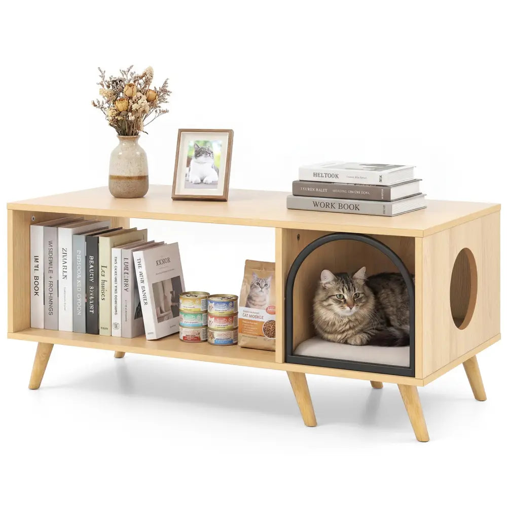 40 Inch Coffee Table Cat House 2-in-1 Wooden Kitten Furniture with Open Storage Shelf-Natural - Natural - Cat Houses
