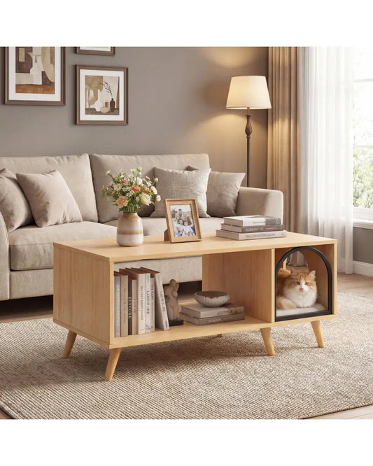 40 Inch Coffee Table Cat House 2-in-1 Wooden Kitten Furniture with Open Storage Shelf-Natural - Natural - Cat Houses