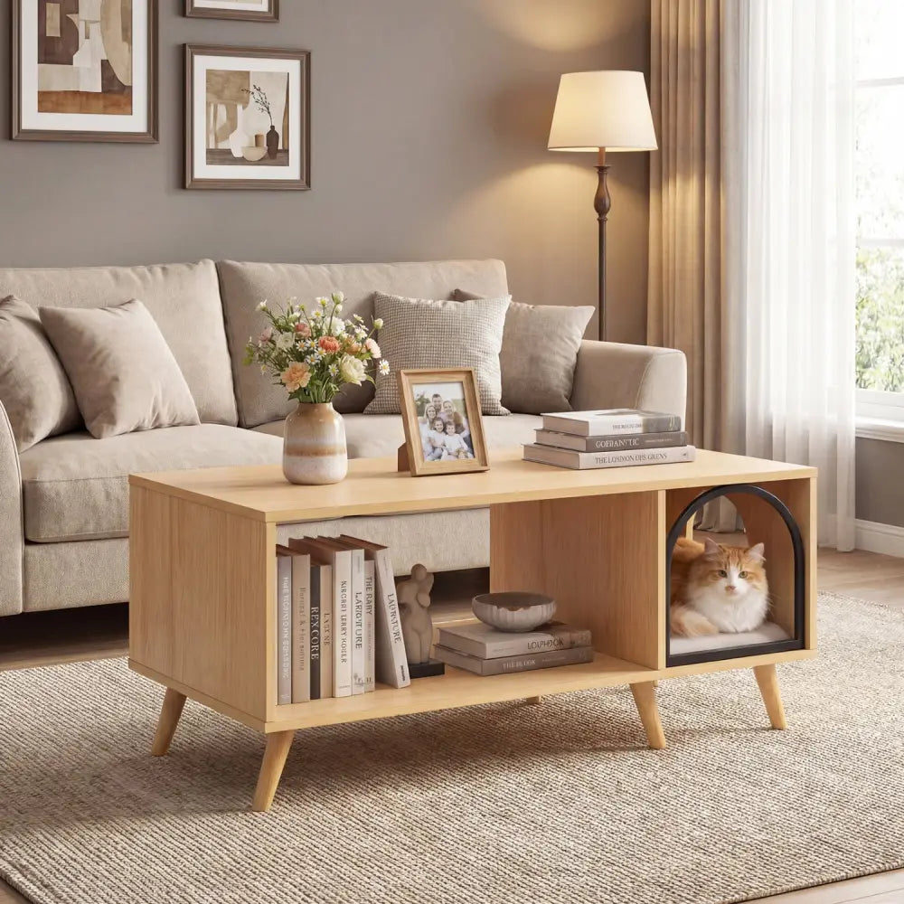 40 Inch Coffee Table Cat House 2-in-1 Wooden Kitten Furniture with Open Storage Shelf-Natural - Natural - Cat Houses