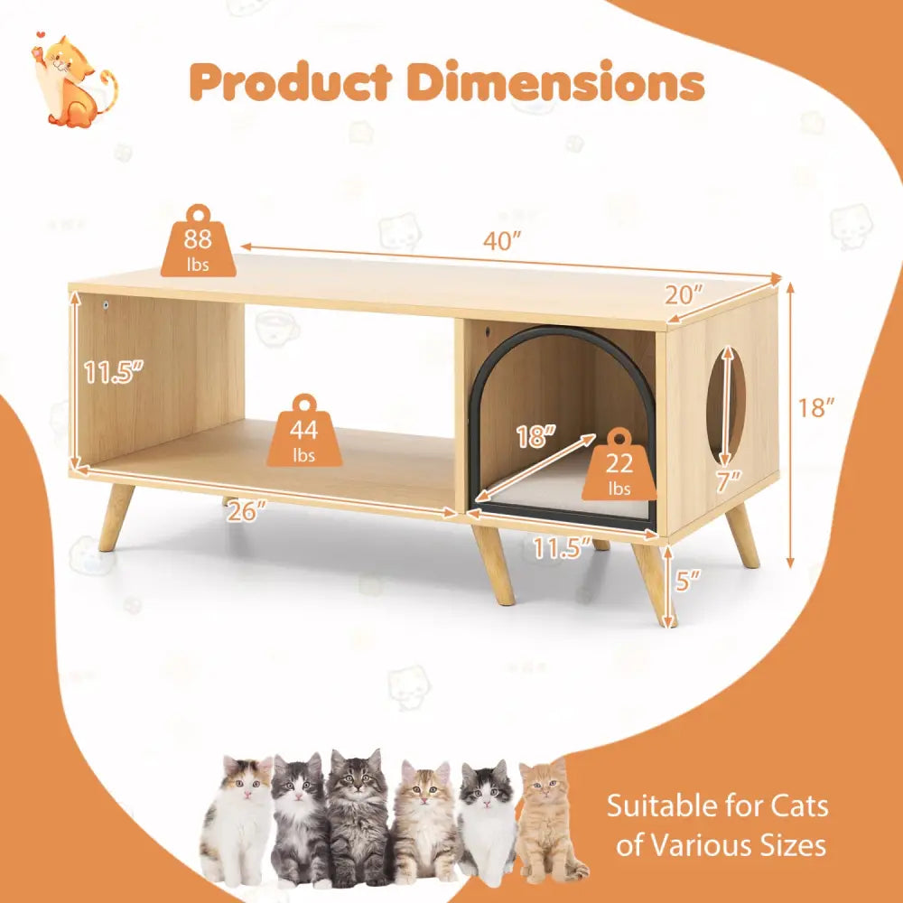 40 Inch Coffee Table Cat House 2-in-1 Wooden Kitten Furniture with Open Storage Shelf-Natural - Natural - Cat Houses