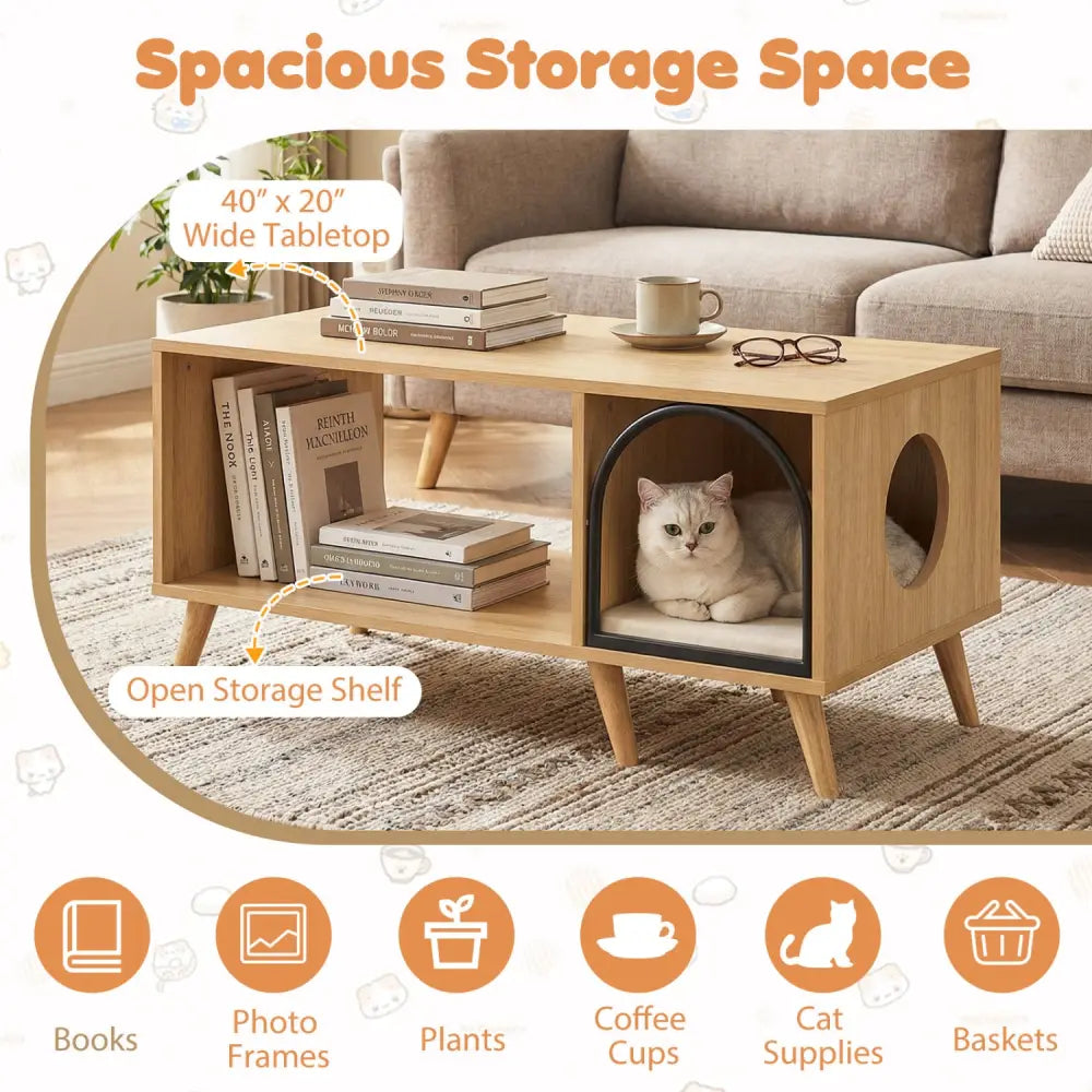 40 Inch Coffee Table Cat House 2-in-1 Wooden Kitten Furniture with Open Storage Shelf-Natural - Natural - Cat Houses