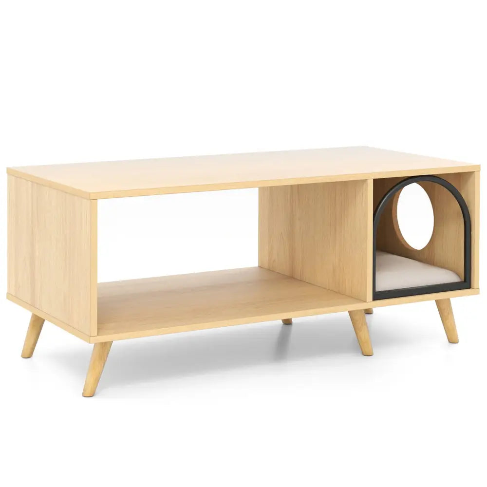 40 Inch Coffee Table Cat House 2-in-1 Wooden Kitten Furniture with Open Storage Shelf-Natural - Natural - Cat Houses