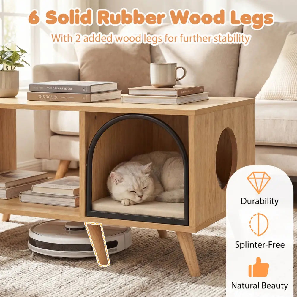 40 Inch Coffee Table Cat House 2-in-1 Wooden Kitten Furniture with Open Storage Shelf-Natural - Natural - Cat Houses