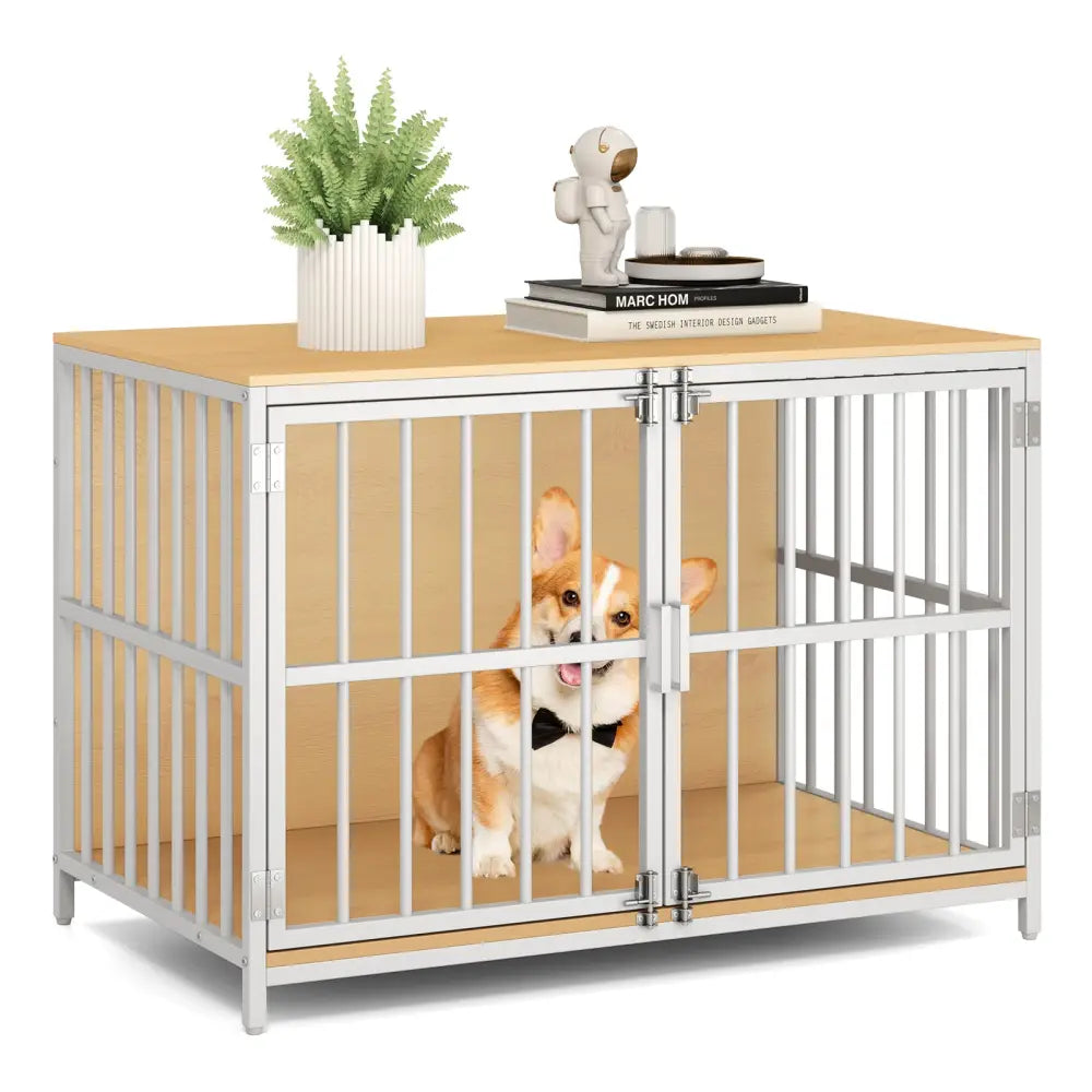 40 Inch Dog Crate Furniture Dog Kennel with Dual Lockable Double Doors-Natural - Natural - Dog Kennels