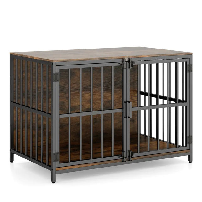 40 Inch Dog Crate Furniture Dog Kennel with Dual Lockable Double Doors-Rustic Brown - Rustic Brown - Dog Kennels