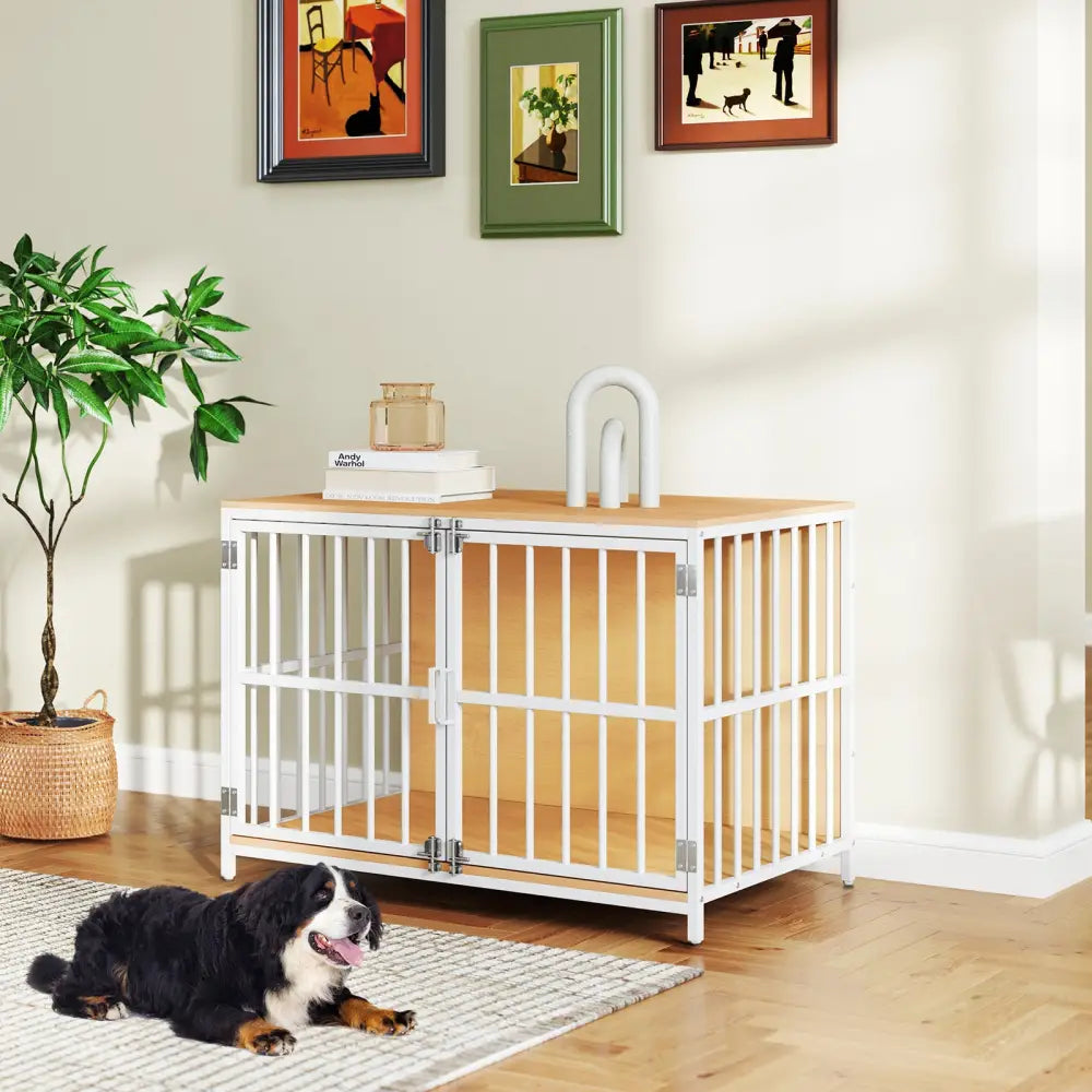 40 Inch Dog Crate Furniture Dog Kennel with Dual Lockable Double Doors-Natural - Natural - Dog Kennels