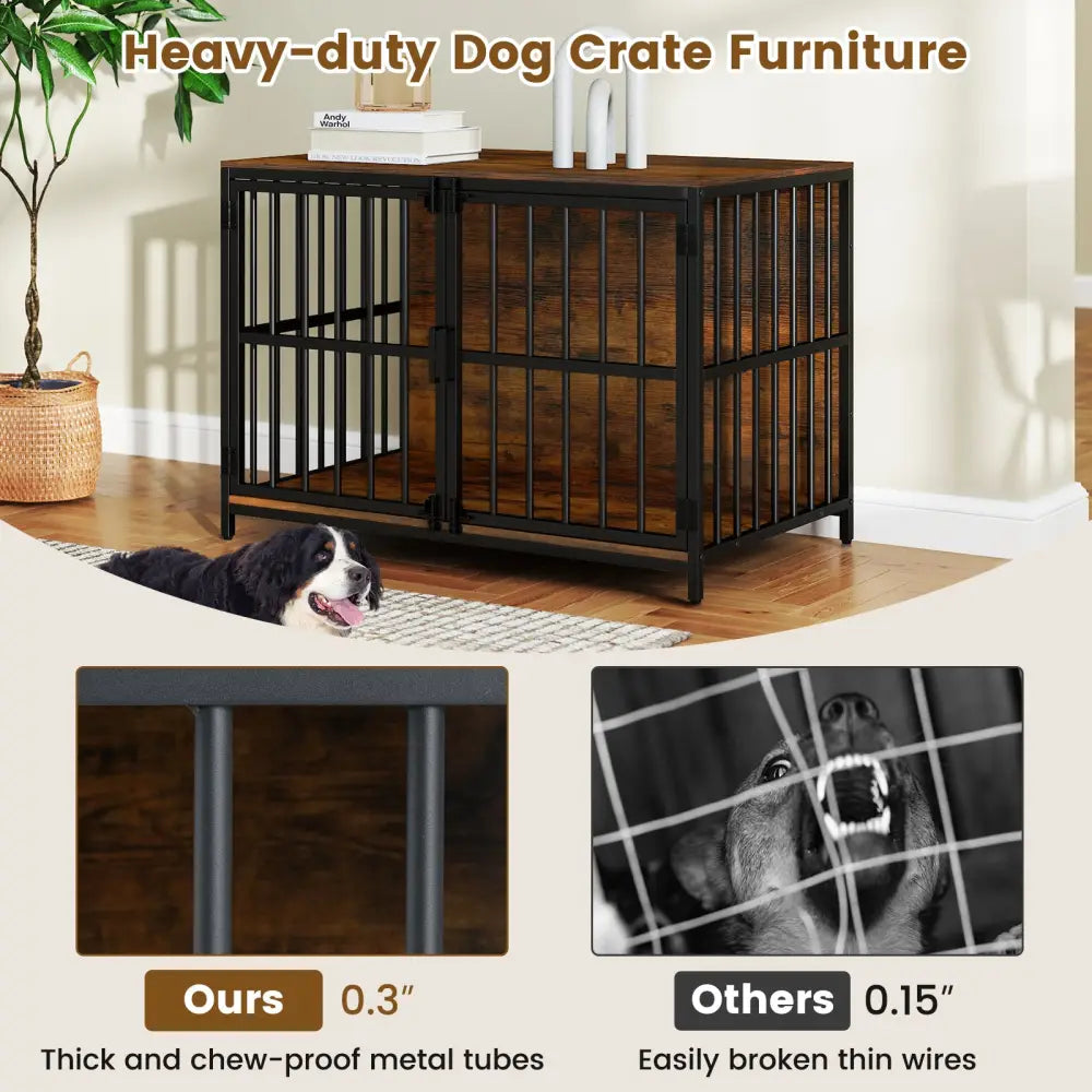 40 Inch Dog Crate Furniture Dog Kennel with Dual Lockable Double Doors-Rustic Brown - Rustic Brown - Dog Kennels
