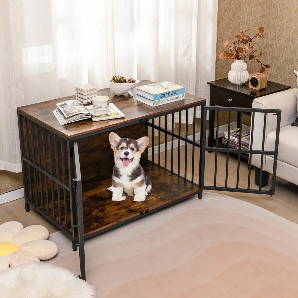 40 Inch Dog Crate Furniture Dog Kennel with Dual Lockable Double Doors-Rustic Brown - Rustic Brown - Dog Kennels