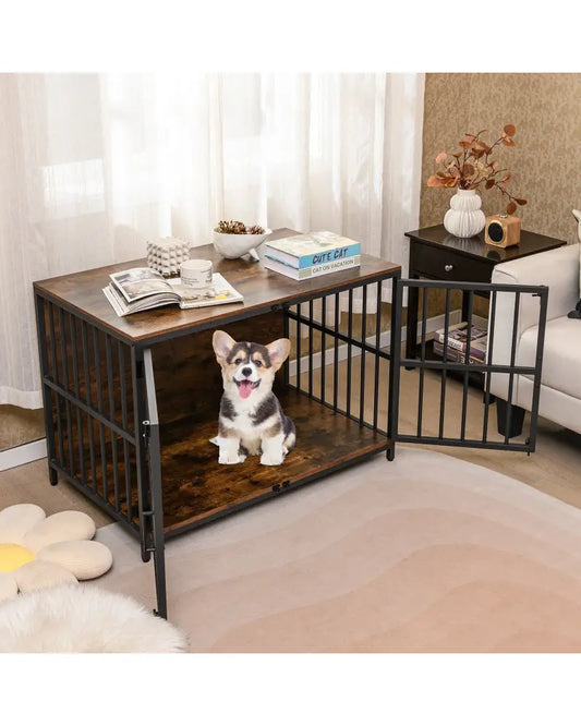 40 Inch Dog Crate Furniture Dog Kennel with Dual Lockable Double Doors-Rustic Brown - Rustic Brown - Dog Kennels