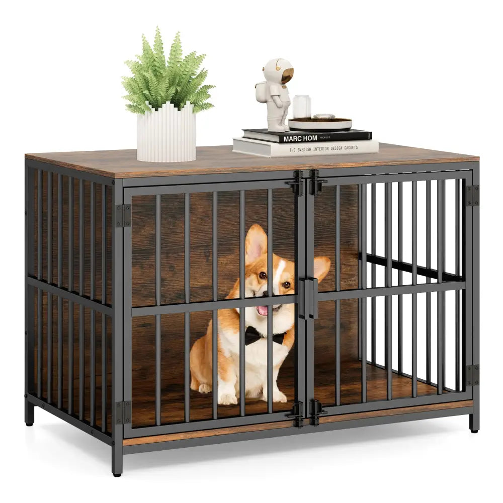 40 Inch Dog Crate Furniture Dog Kennel with Dual Lockable Double Doors-Rustic Brown - Rustic Brown - Dog Kennels