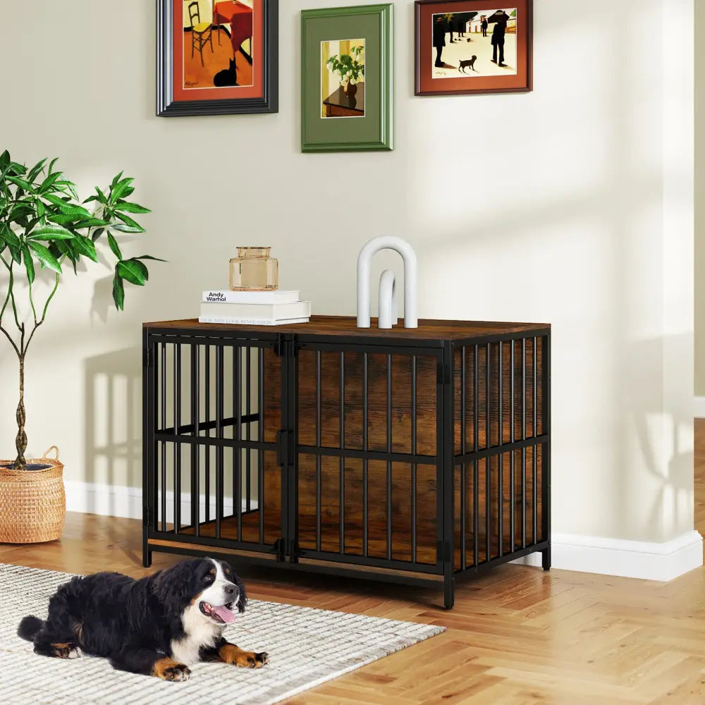 40 Inch Dog Crate Furniture Dog Kennel with Dual Lockable Double Doors-Rustic Brown - Rustic Brown - Dog Kennels