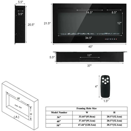 40-Inch Electric Fireplace Recessed with Thermostat Costway