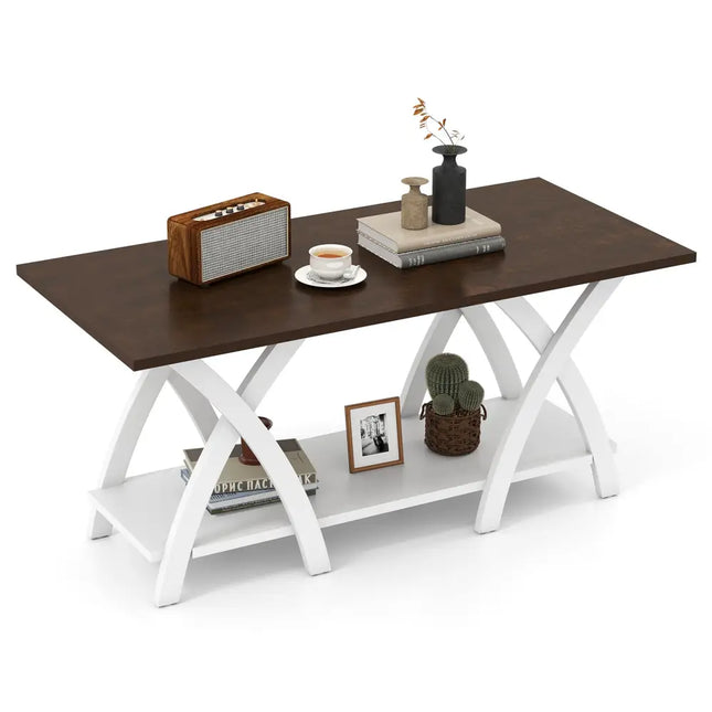 40 Inch Farmhouse Wooden 2-Tier Coffee Table with Storage Shelf for Living Room-Walnut Costway