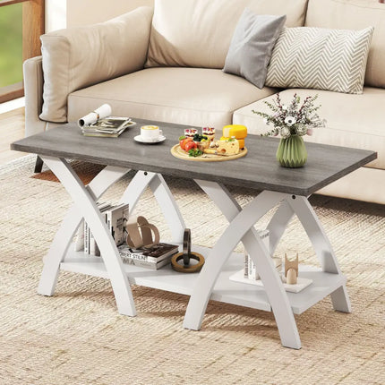 40 Inch Farmhouse Wooden Coffee Table with Storage Shelf with X-shaped Legs-Gray Costway
