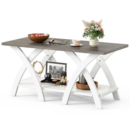 40 Inch Farmhouse Wooden Coffee Table with Storage Shelf with X-shaped Legs-Gray Costway