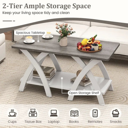 40 Inch Farmhouse Wooden Coffee Table with Storage Shelf with X-shaped Legs-Gray Costway