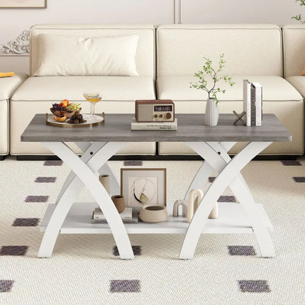 40 Inch Farmhouse Wooden Coffee Table with Storage Shelf with X-shaped Legs-Gray Costway