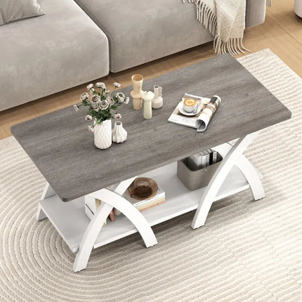 40 Inch Farmhouse Wooden Coffee Table with Storage Shelf with X-shaped Legs-Gray Costway