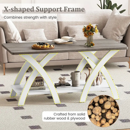 40 Inch Farmhouse Wooden Coffee Table with Storage Shelf with X-shaped Legs-Gray Costway