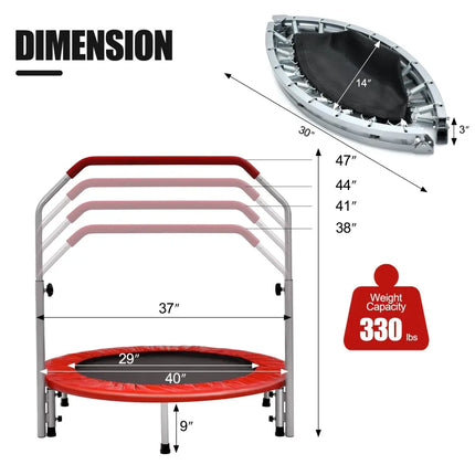 40 Inch Folding Exercise Trampoline Rebounder with 4-Level Handrail Carrying Bag-Red - Red - Trampolines