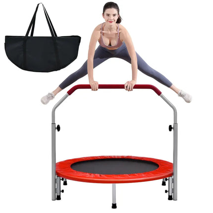 40 Inch Folding Exercise Trampoline Rebounder with 4-Level Handrail Carrying Bag-Red - Red - Trampolines