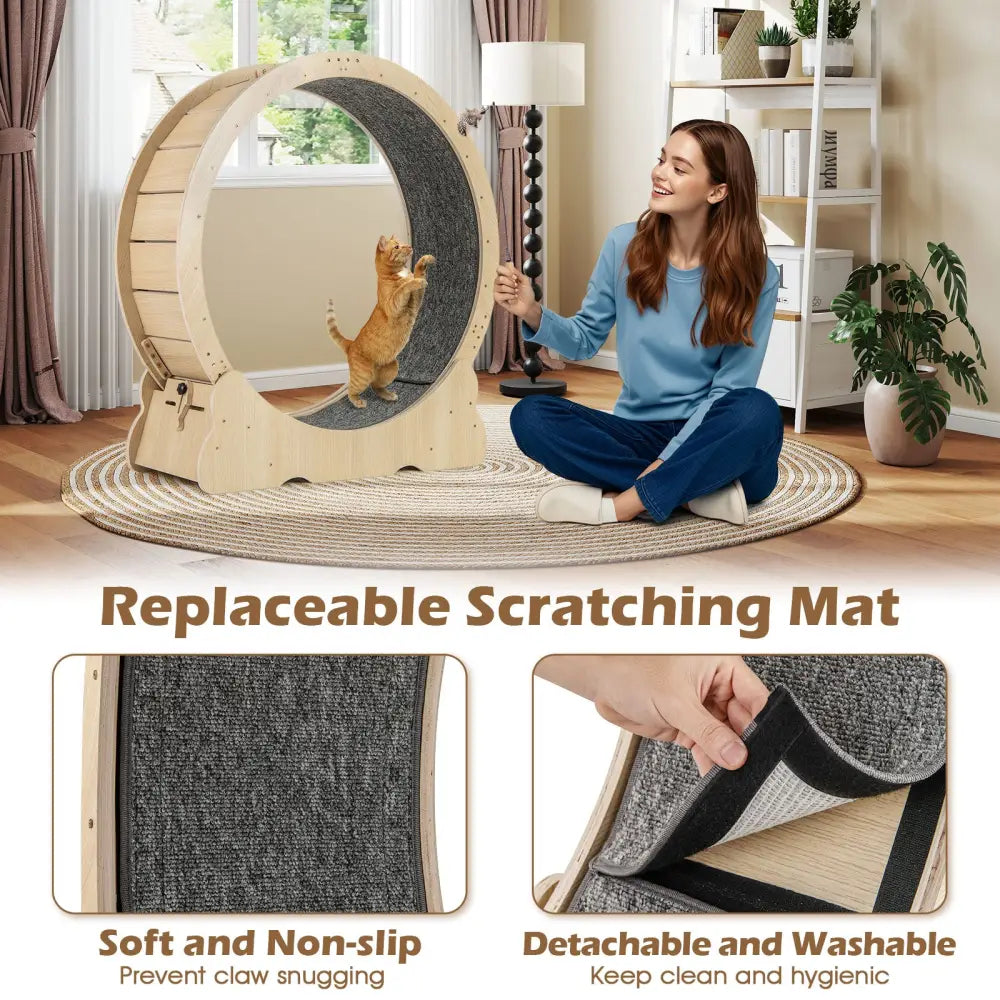 40 Inch Large Cat Exercise Wheel with Lockable Mechanism and Carpeted Runaway for Indoor Cats-Natural - Natural - Cat