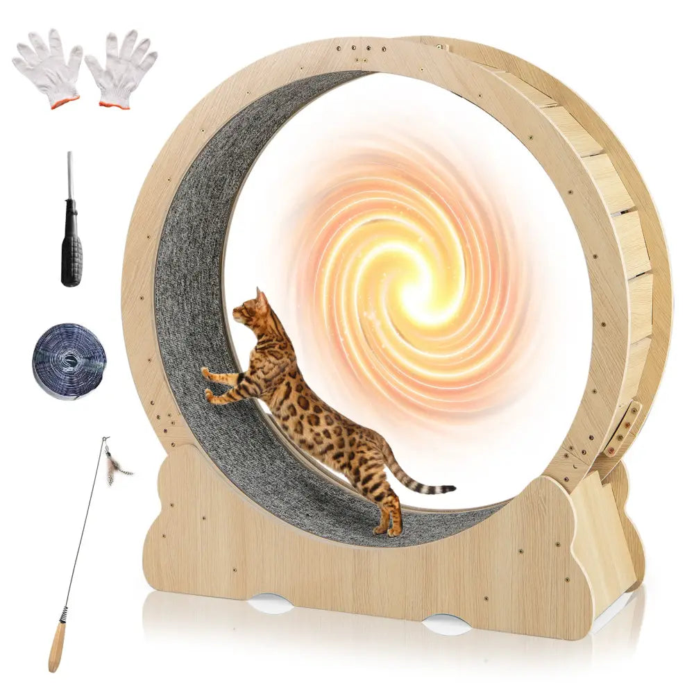 40 Inch Large Cat Exercise Wheel with Lockable Mechanism and Carpeted Runaway for Indoor Cats-Natural - Natural - Cat