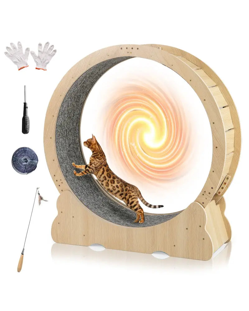 40 Inch Large Cat Exercise Wheel with Lockable Mechanism and Carpeted Runaway for Indoor Cats-Natural - Natural - Cat