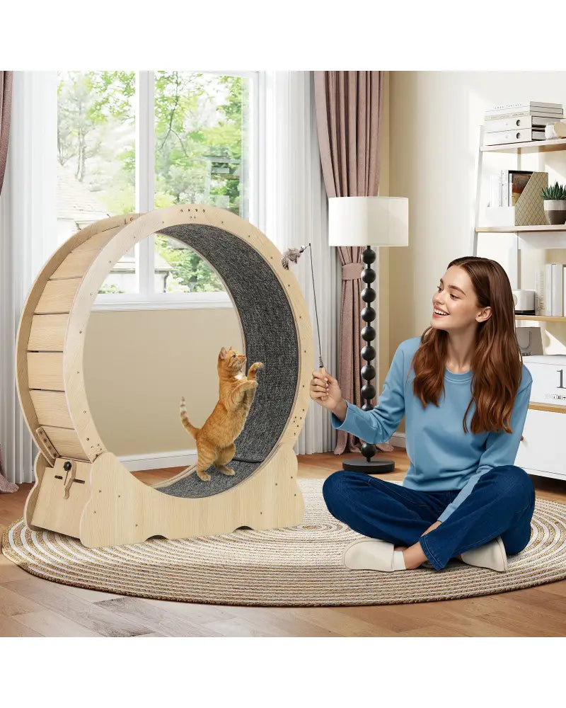 40 Inch Large Cat Exercise Wheel with Lockable Mechanism and Carpeted Runaway for Indoor Cats-Natural - Natural - Cat