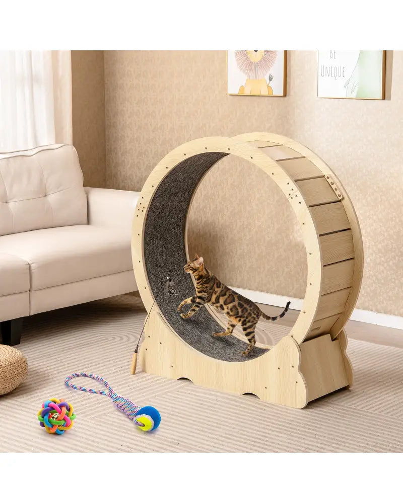 40 Inch Large Cat Exercise Wheel with Lockable Mechanism and Carpeted Runaway for Indoor Cats-Natural - Natural - Cat