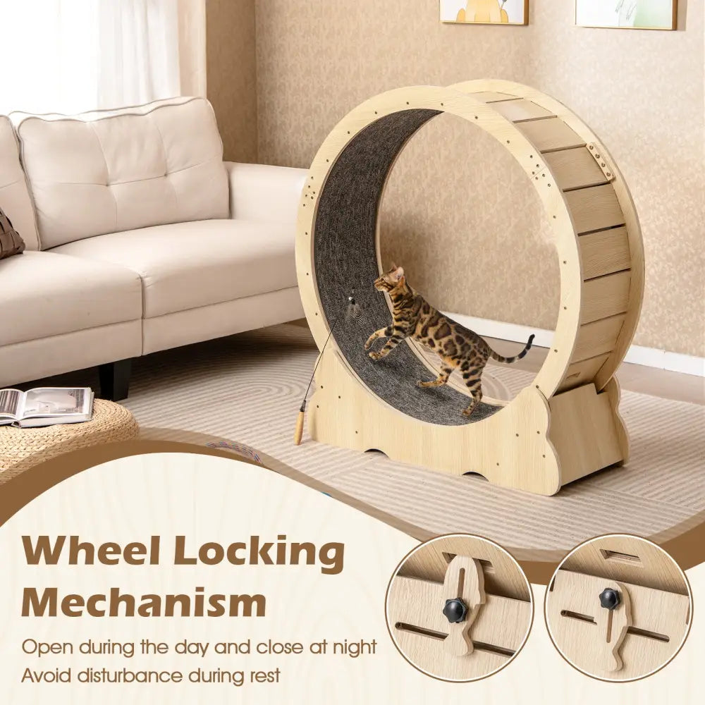 40 Inch Large Cat Exercise Wheel with Lockable Mechanism and Carpeted Runaway for Indoor Cats-Natural - Natural - Cat