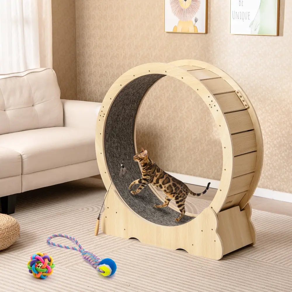 40 Inch Large Cat Exercise Wheel with Lockable Mechanism and Carpeted Runaway for Indoor Cats-Natural - Natural - Cat