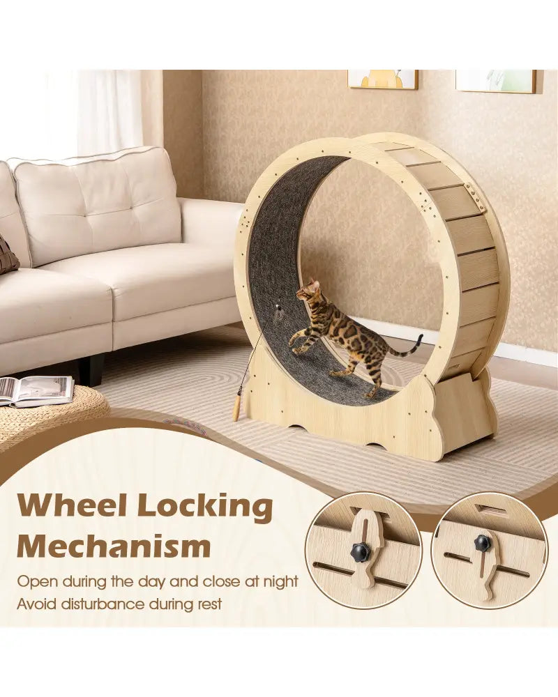 40 Inch Large Cat Exercise Wheel with Lockable Mechanism and Carpeted Runaway for Indoor Cats-Natural - Natural - Cat
