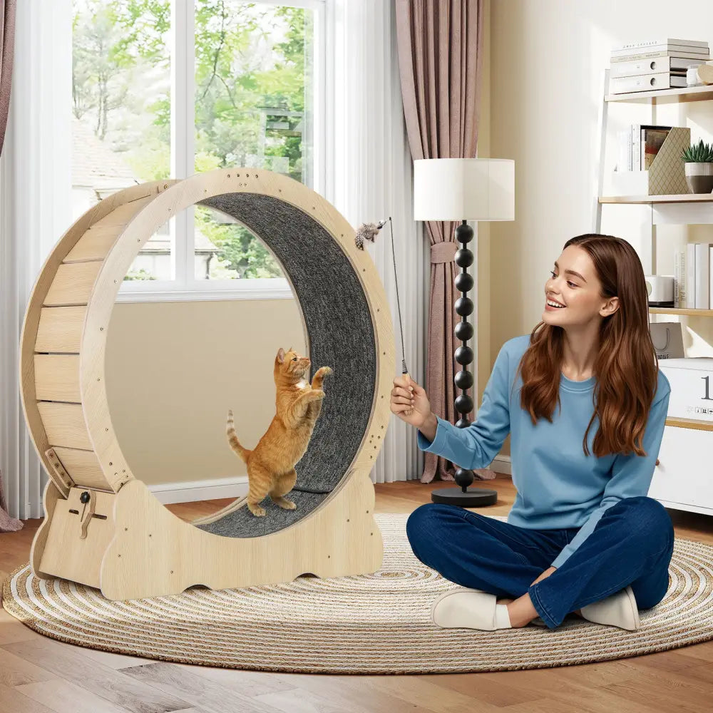 40 Inch Large Cat Exercise Wheel with Lockable Mechanism and Carpeted Runaway for Indoor Cats-Natural - Natural - Cat