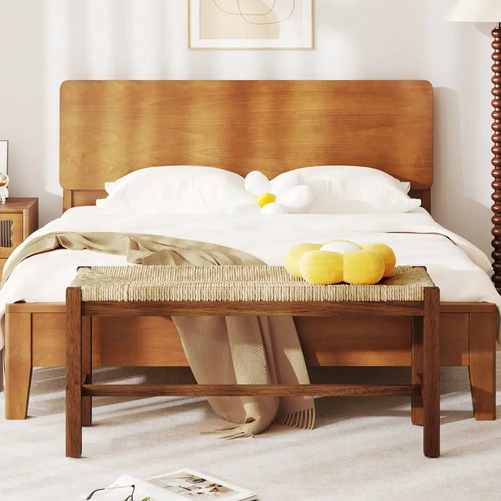 40 Inch Long Wood Bench with Solid Rubber Wood Frame-Walnut - Walnut - Shoe Racks & Storage Benches