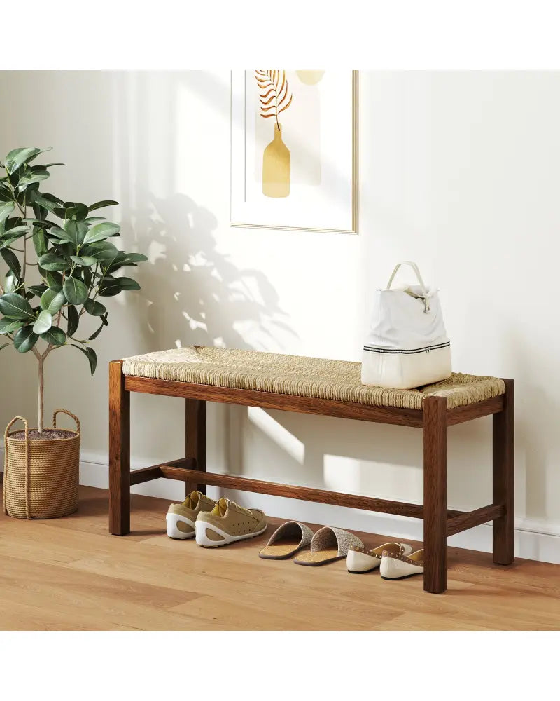 40 Inch Long Wood Bench with Solid Rubber Wood Frame-Walnut - Walnut - Shoe Racks & Storage Benches
